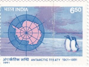 Antarctic Treaty: Antarctic Map and pair of Adelie Penguins (Pygoscelis adeliae)