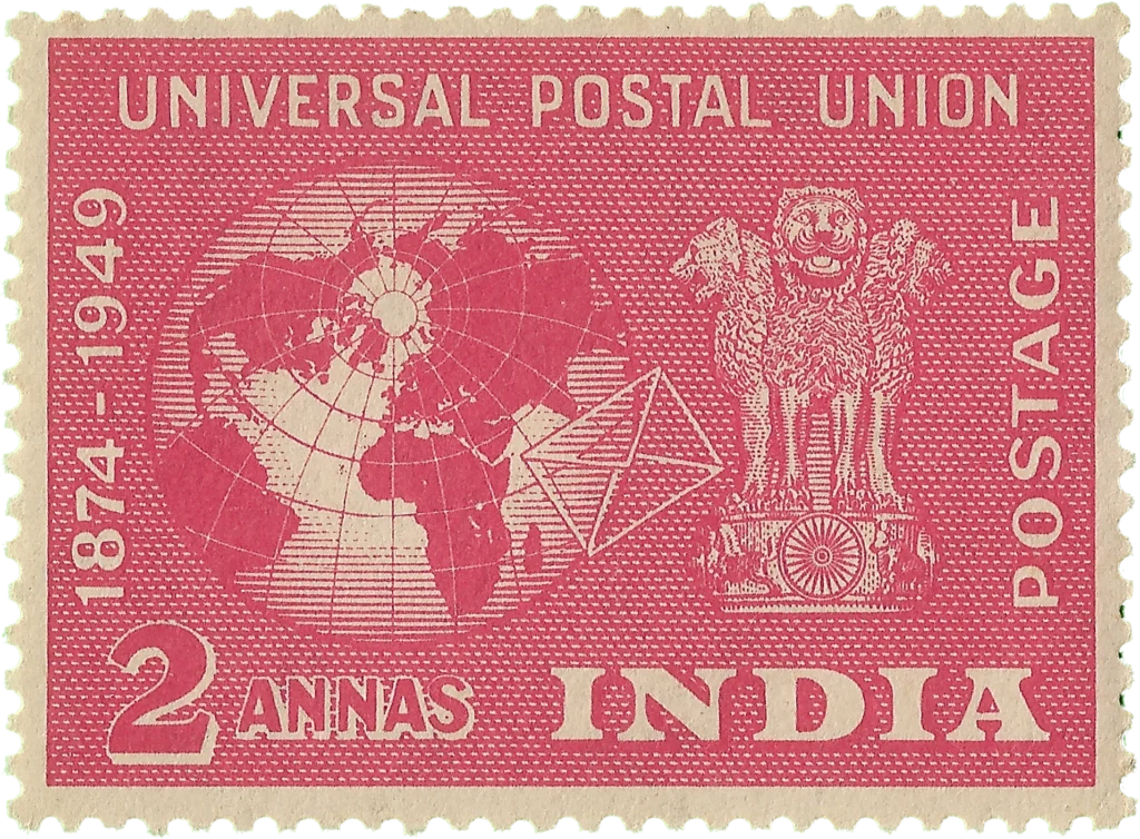 Stamp featuring globe and Indian emblem