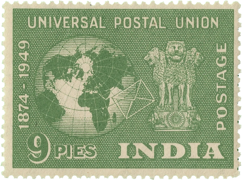 Stamp featuring globe and Indian emblem
