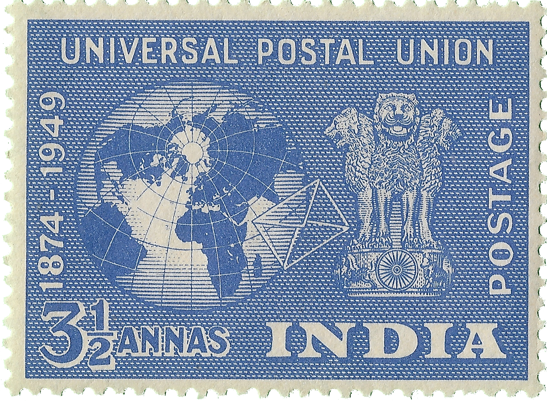 Stamp featuring globe and Indian emblem