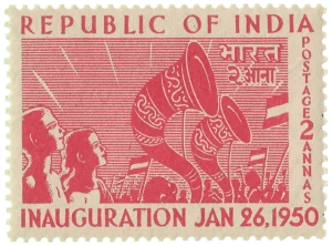 Indian postage stamp featuring rejoicing crowds
